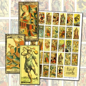 Puede incluir: Un juego de 22 cartas de tarot con ilustraciones coloridas y detalles dorados. Las cartas están dispuestas en una cuadrícula sobre un fondo blanco. El texto "Tarot Cards" está impreso en negro en la parte inferior de la imagen.