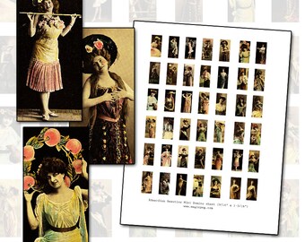 Postcard Beauties Dancer Women Mini Domino digital collage sheet  9/16 in x 1 3/16 in (14mm x 30mm) petite dominos