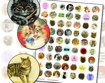 Antique Cat and cat slogans 1 inch 25mm round circles digital collage sheet 25.4mm circle lilac blue gray cat black cat 1"