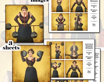 Antique Circus Strong Women digital collage sheet SET three pages 3.5" square 89 mm 88mm sideshow performer