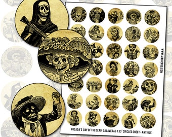 Instant Digital Download Graphics Set Day of the Dead Calavera Circles TWO SIZES 34mm 1.33in and 28mm 1.5in