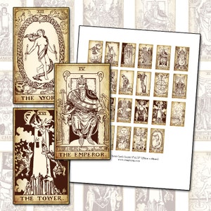 May include: A set of 22 tarot cards with illustrations in brown and white on a cream background. The cards are labeled with Roman numerals and the names of the cards, such as "The World", "The Emperor", and "The Tower".