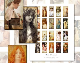 Henry Ryland 1x2" domino digital collage sheet  25x50mm 25mm x 50mm fine art paintings of beautiful women