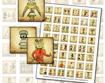 Antique Kachina Doll Drawings 1x1 inch square inchies digital collage sheet 25mm decoupage collage 25.4mm