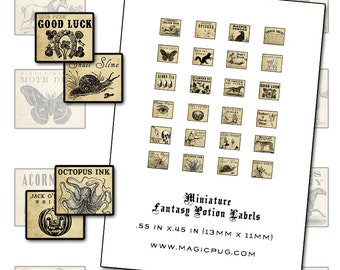 Miniature Fantasy Potion Labels: Dollhouse Witch, Fairy Bottles (Digital Collage Sheet)
