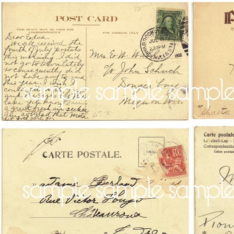 Antique Postcard Backs Digital Collage Sheet ephemera post altered art stamp cancelled stamps mail art postage postal image 2