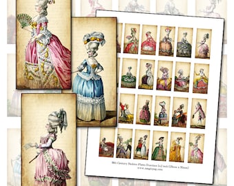 Marie Antoinette ère 1700's Français Revolution fashion plates domino numérique collage feuille 1x2 pouces 25mm x 50mm robe nœuds perruque poudrée