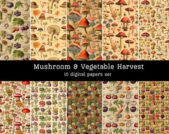 Mushroom and Vegetable Harvest 10 Papers Set junk journal ephemera paper background scrapbook mycology