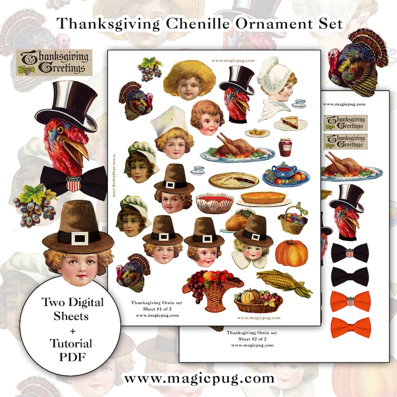 Thanksgiving Chenille Ornaments digital collage sheet set two sheets and a PDF tutorial image 1
