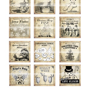 Antique Christmas Potion Labels I 2x2 inch digital collage sheet inchies 50mm square tea Frosty the Snowman cookie snowflakes angel image 2