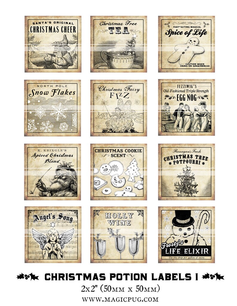 Antique Christmas Potion Labels I 2x2 inch digital collage sheet inchies 50mm square tea Frosty the Snowman cookie snowflakes angel image 2