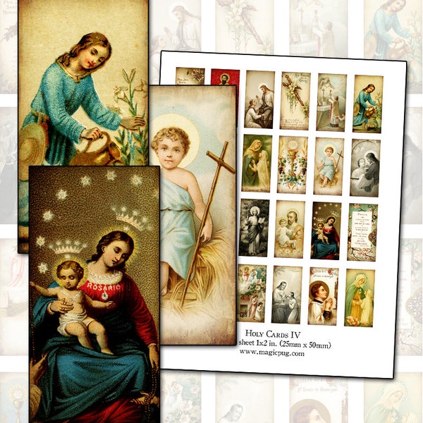 Antique Catholic Holy Cards IV  Digital Collage 1x2 domino size for altered art collage mixed media shrines 25mm x 50mm rectangle