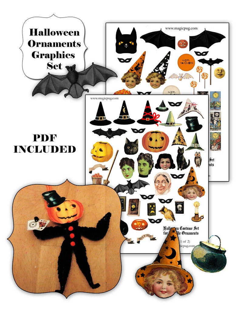 Esclusivo Magic Pug Halloween Ornies Set Chenille Ornaments set di fogli di collage digitale facce accessori scope pipistrelli divertenti ornies artigianali per bambini immagine 2