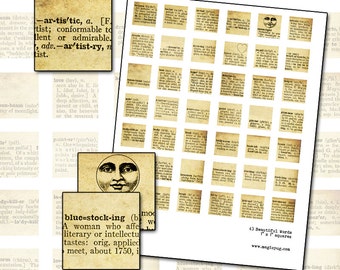 Vintage Dictionary Words Collage Sheet: 1x1&quot; Scrabble Tiles (Digital Download)