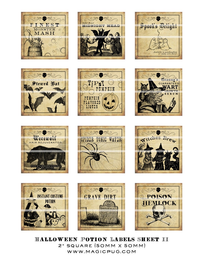 Antique Halloween Potion Labels II 2x2 Inch Digital Collage - Etsy