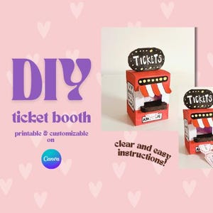 May include: DIY printable ticket booth template with red and white striped awning and "TICKETS" sign.  Instructions for creating the booth are included.  The template is customizable on Canva.