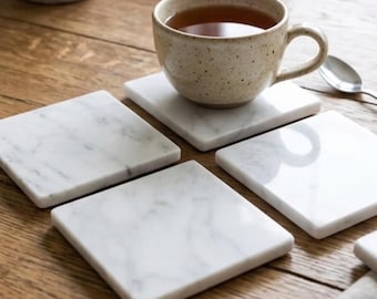 Carrara Marble Coaster Set, Handcrafted Natural Stone, Minimalist Home Decor