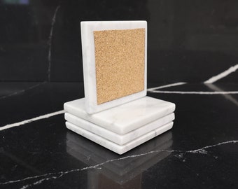 Set of 4 Handcrafted Carrara Marble Coasters, Minimalist White Drink Coasters