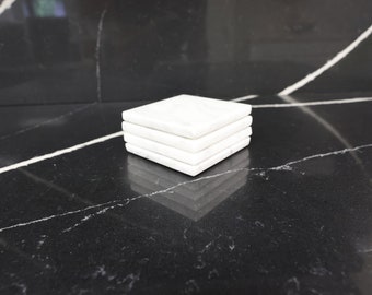 Set of 4 Carrara White Marble Coasters, Handcrafted Polished Home Decor