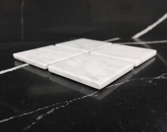 Carrara White Marble Coaster Set - 4" Natural Stone - Handcrafted  Drink Coasters