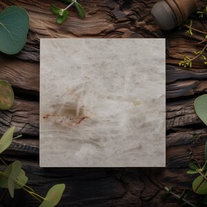 May include: A white square tile with a natural stone texture and subtle brown veins. The tile is surrounded by a rustic wooden background with green leaves.