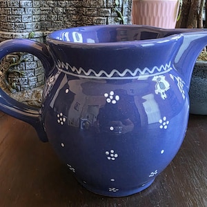 Vintage Williams-Sonoma Hungarian Majolica blue polka dot pitcher