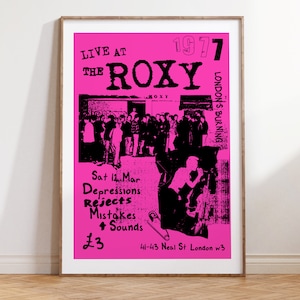 May include: A pink and black concert poster advertising a show at the Roxy in London in 1977. The poster features the bands Depressions, Rejects, Mistakes, and + Sounds. The show is on Saturday, 12 March and costs £3.