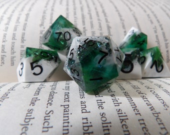7pc sharp edge dice, handmade resin dice, dnd, green and white swirl, hints of holographic glitter, shiny dice, large print dice, black ink