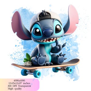 Pode incluir: Um personagem Stitch azul e turquesa do filme da Disney Lilo & Stitch usando um boné de beisebol branco com uma faixa preta e uma faixa preta. Stitch está sentado em um skate com rodas pretas e um deck marrom. O fundo é uma aquarela azul.