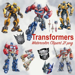 Op de afbeelding: Waterverf clipart met verschillende Transformers-personages, waaronder Optimus Prime en Bumblebee, in dynamische poses. De afbeelding bevat wapens, logo's en de tekst "Transformers Watercolor Clipart 21 png."