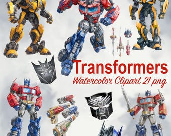 May include: Watercolor clipart featuring various Transformers characters, including Optimus Prime and Bumblebee, in dynamic poses. The image includes weapons, logos, and the text "Transformers Watercolor Clipart 21 png."