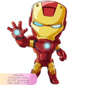 May include: A cartoon illustration of Iron Man in a red and gold suit with a blue glowing arc reactor on his chest. He is standing with his right arm outstretched and his left hand on his hip.