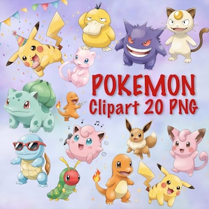 May include: A vibrant collection of Pokémon characters, such as Pikachu, Squirtle, and Charmander, with the text "POKEMON Clipart 20 PNG". The image showcases various Pokémon in lively poses, with confetti and party decorations.