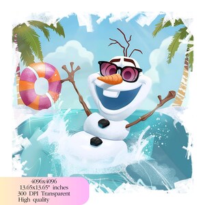 May include: A cartoon snowman wearing sunglasses and a pink and white inner tube floats in blue water with white foam. The snowman has a carrot nose and a big smile.