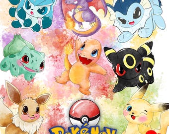 Watercolor Pokemon Go Characters Hand-drawn Watercolor PNG Clipart | 19 Characters | Cartoon Game Icons Pikachu Dragonite