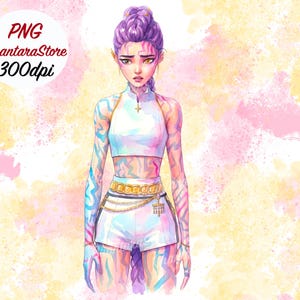 May include: Watercolor illustration of a person with purple hair and skin markings. The person wears a white crop top, shorts, and a gold belt. The background is a watercolor wash of pink and yellow. Text in the upper left corner reads "PNG ChantaraStore 300dpi".