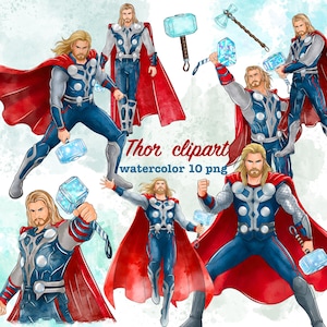 May include: A collection of watercolour illustrations of Thor, each in a dynamic pose. The figures wear blue and silver suits with red capes and wield hammers. The text "Thor clipart watercolor 10 png" is visible in the image.