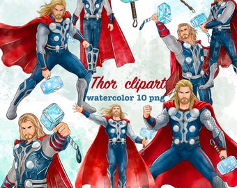 Thor clipart watercolor bundle: Superhero thor, Printable Transparent PNG for T-Shirt, Poster, Sublimation