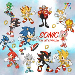 Könnte beinhalten: Eine farbenfrohe Illustration mit Charakteren aus der Sonic the Hedgehog-Franchise, darunter Sonic, Tails und Dr. Eggman. Das Bild zeigt verschiedene Charaktere in Actionposen, mit dem Wort "SONIC" und "FULL SET 63 PNG file" in roter Schrift. Goldene Ringe und farbige Edelsteine sind ebenfalls vorhanden.