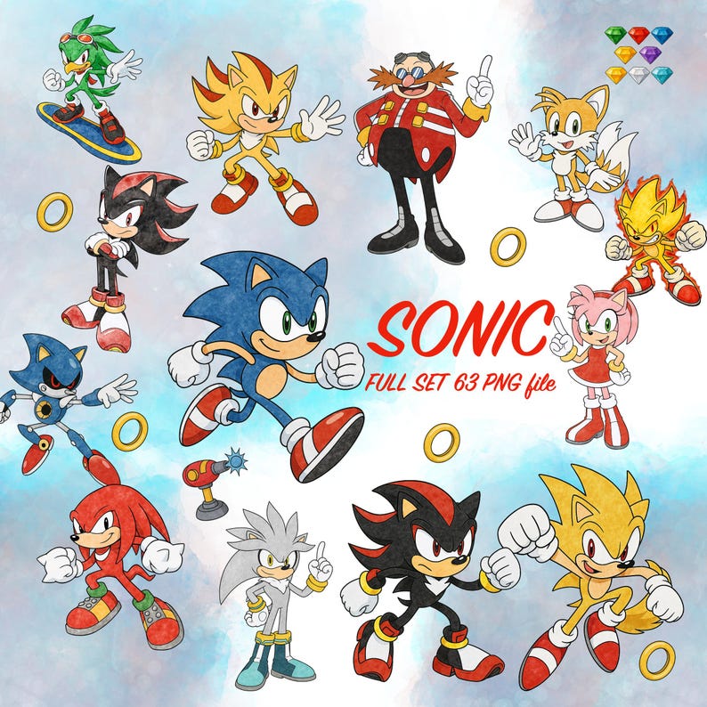 May include: A colourful illustration featuring characters from the Sonic the Hedgehog series. The image includes Sonic, Tails, and Dr. Eggman, among others, in dynamic poses. The text "SONIC" and "FULL SET 63 PNG file" are displayed in red. Gold rings and gems are also visible.
