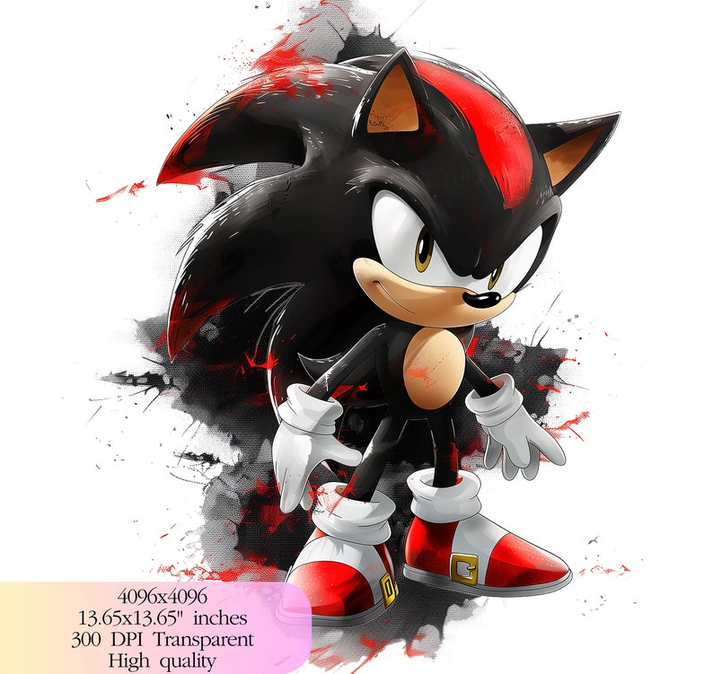 Op de afbeelding: Een digitale illustratie van Shadow the Hedgehog uit de Sonic the Hedgehog-videogameserie. Hij is afgebeeld in een zwart-rode kleurstelling met een dreigende uitdrukking. De achtergrond is een aquarel-stijl was in zwart en rood.