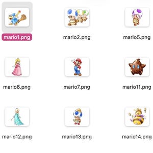 May include: A collection of watercolor illustrations of characters from the Super Mario video game series. The images include Mario, Princess Peach, Toad, and other characters. The file names are visible below each image.