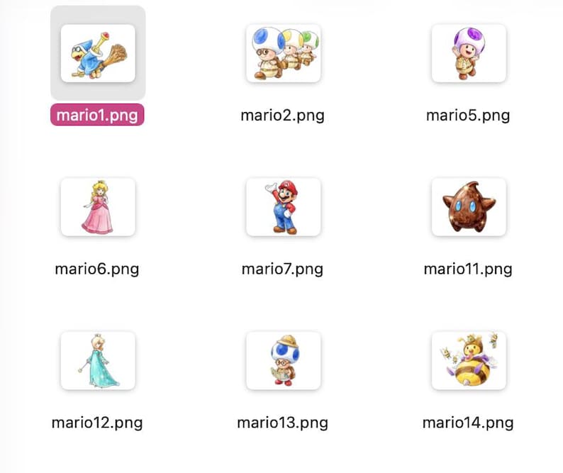 May include: A collection of watercolor illustrations of characters from the Super Mario video game series. The images include Mario, Princess Peach, Toad, and other characters. The file names are visible below each image.