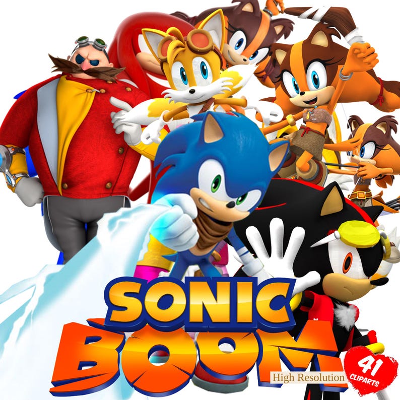 May include: A group of Sonic the Hedgehog characters, including Sonic, Tails, Knuckles, Shadow, and Amy, are featured in a colorful illustration. The characters are posed in action poses, with Sonic in the foreground. The text "SONIC BOOM" is displayed in large, bold letters below the characters. The image includes the text "High Resolution" and "41 CLPARTS".