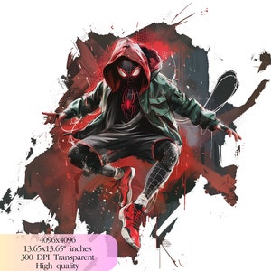 May include: A digital illustration of a superhero wearing a red and black suit with a red hooded jacket. The superhero is jumping in the air with a red and black web shooter in their hand. The background is a red and black abstract design.