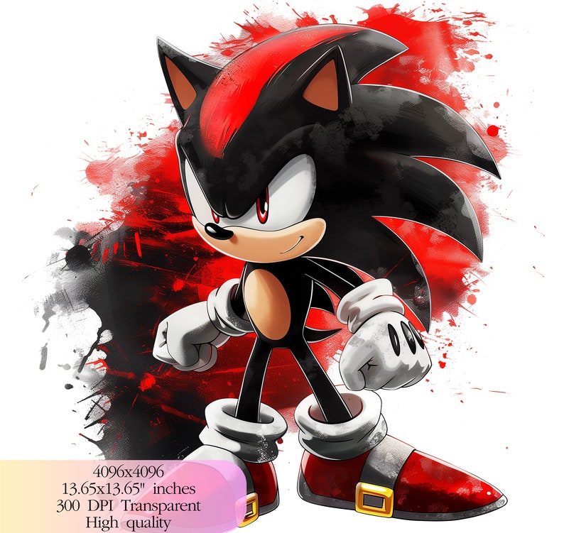 May include: A digital illustration of Shadow the Hedgehog, a black and red video game character with red eyes, standing with his arms crossed in front of a red and black watercolor background.