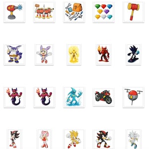 May include: A series of cartoon illustrations featuring characters and objects from the Sonic the Hedgehog franchise. The images include characters such as Sonic, Shadow, and Amy, alongside items like emeralds and tools.