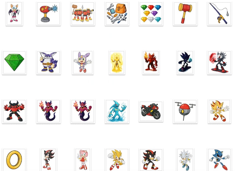 May include: A series of cartoon illustrations featuring characters and objects from the Sonic the Hedgehog franchise. The images include characters such as Sonic, Shadow, and Amy, alongside items like emeralds and tools.