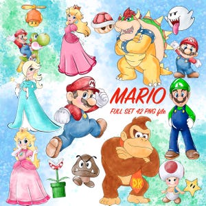 May include: Watercolor illustrations of various characters from the Mario video game series. The image includes Mario, Luigi, Princess Peach, Bowser, Donkey Kong, and other recognizable figures. The text "MARIO FULL SET 42 PNG file" is also present.