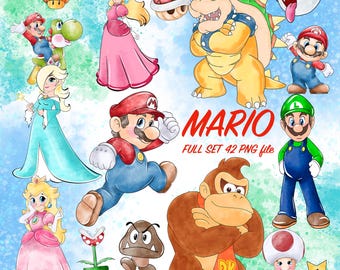 Watercolor Super Mario in Digital design - file for sublimation - Instant Digital PNG clipart Cartoon PNG Birthday Day